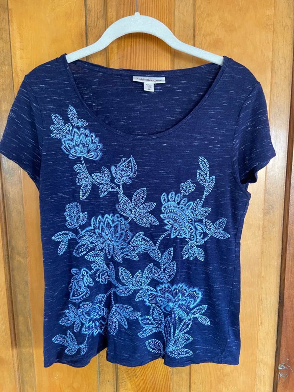 Coldwater Creek Navy Tee with Blue Floral Motif